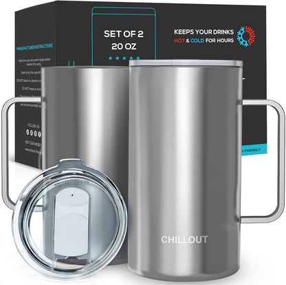 Stainless Steel 20 oz Vacuum Insulated Coffee Mug with Handle and Lid, Large Thermal Camping Coffee Mug Cup with Durable Sliding Lid for Men & Women, Keeps your Beverages Hot/Cold