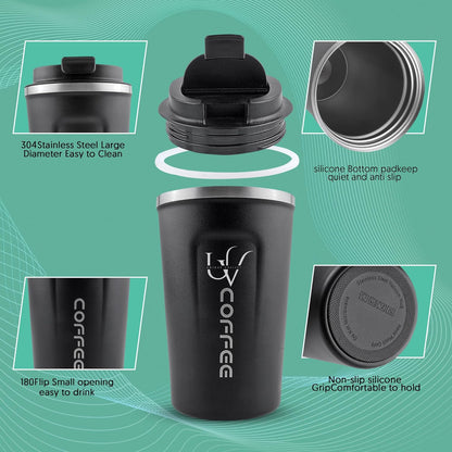 Insulated Coffee Mug with Lid, 12oz/380ml Stainless Steel Travel Coffee Tumbler – Leakproof Reusable Coffee Cup for Hot & Cold Drinks, Spill-Proof Thermal Mug for Car, Office & Travel – Black