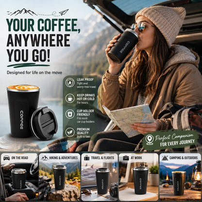 Insulated Coffee Mug with Lid, 12oz/380ml Stainless Steel Travel Coffee Tumbler – Leakproof Reusable Coffee Cup for Hot & Cold Drinks, Spill-Proof Thermal Mug for Car, Office & Travel – Black