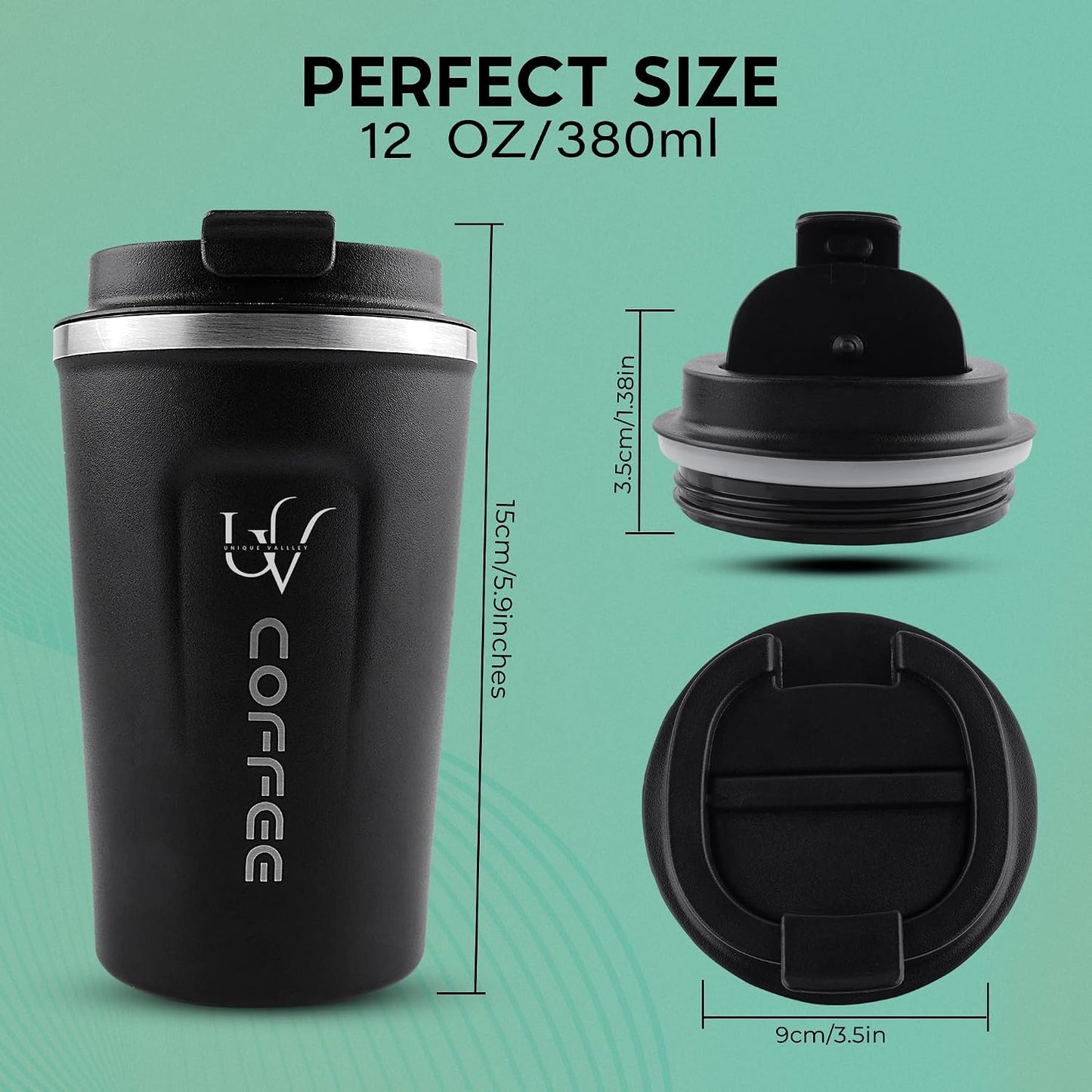 Insulated Coffee Mug with Lid, 12oz/380ml Stainless Steel Travel Coffee Tumbler – Leakproof Reusable Coffee Cup for Hot & Cold Drinks, Spill-Proof Thermal Mug for Car, Office & Travel – Black