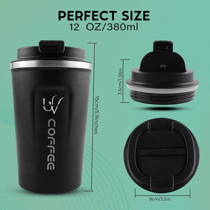 Insulated Coffee Mug with Lid, 12oz/380ml Stainless Steel Travel Coffee Tumbler – Leakproof Reusable Coffee Cup for Hot & Cold Drinks, Spill-Proof Thermal Mug for Car, Office & Travel – Black