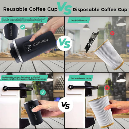 Insulated Coffee Mug with Lid, 12oz/380ml Stainless Steel Travel Coffee Tumbler – Leakproof Reusable Coffee Cup for Hot & Cold Drinks, Spill-Proof Thermal Mug for Car, Office & Travel – Black