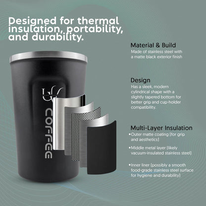 Insulated Coffee Mug with Lid, 12oz/380ml Stainless Steel Travel Coffee Tumbler – Leakproof Reusable Coffee Cup for Hot & Cold Drinks, Spill-Proof Thermal Mug for Car, Office & Travel – Black
