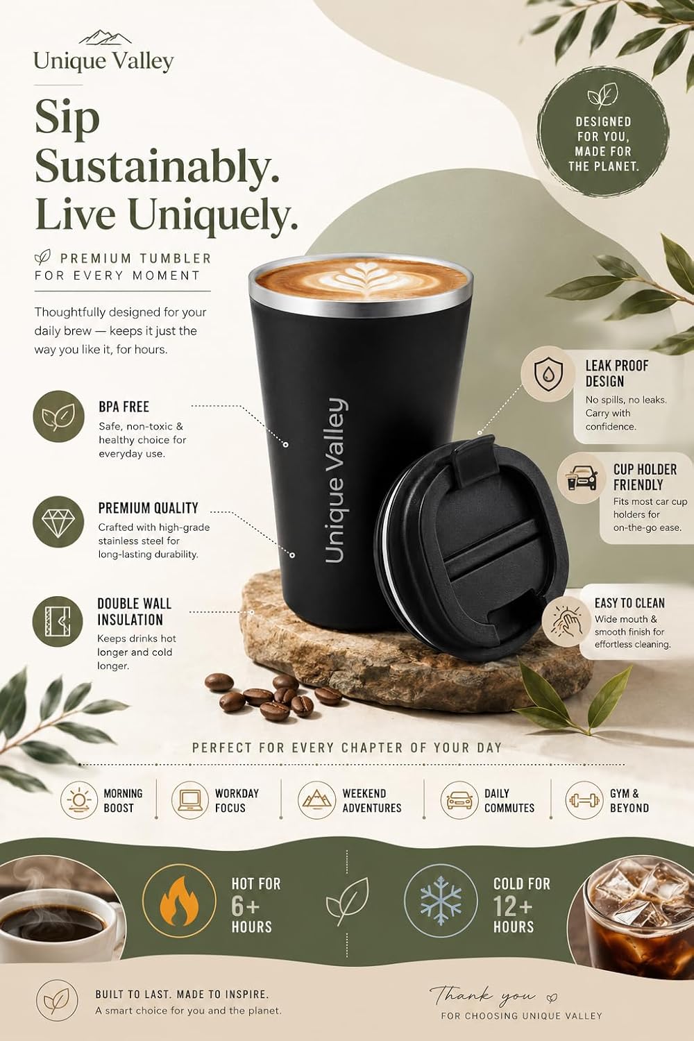 Insulated Coffee Mug with Lid, 12oz/380ml Stainless Steel Travel Coffee Tumbler – Leakproof Reusable Coffee Cup for Hot & Cold Drinks, Spill-Proof Thermal Mug for Car, Office & Travel – Black