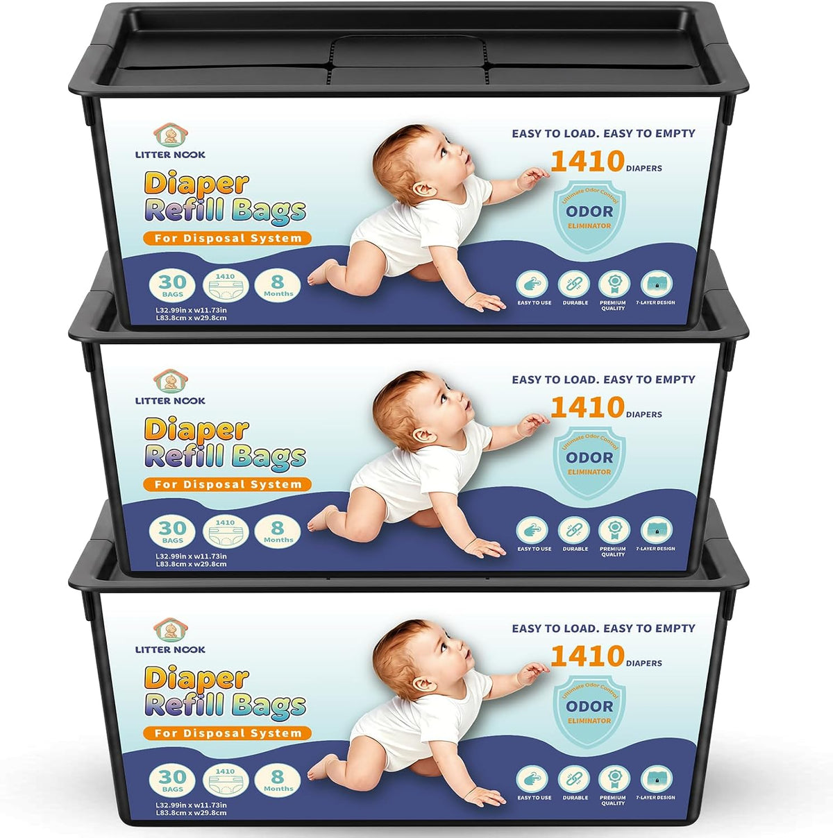 3 Pack Diaper Pail Refill Bags, 90 Bags Total