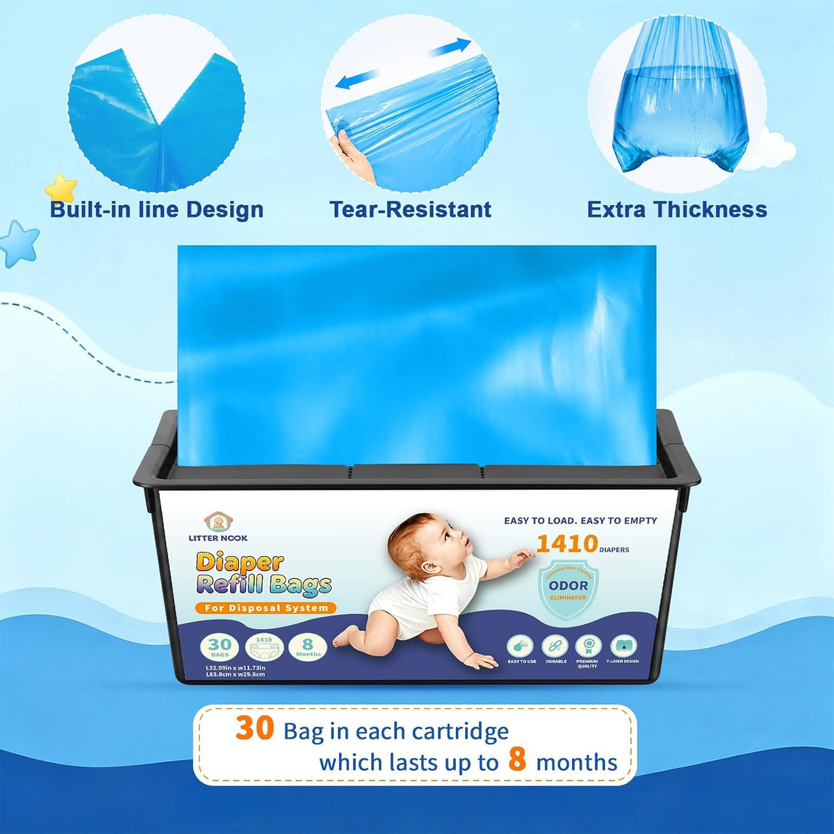 3 Pack Diaper Pail Refill Bags, 90 Bags Total