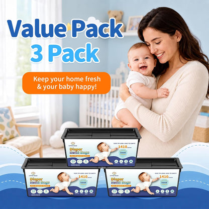 3 Pack Diaper Pail Refill Bags, 90 Bags Total