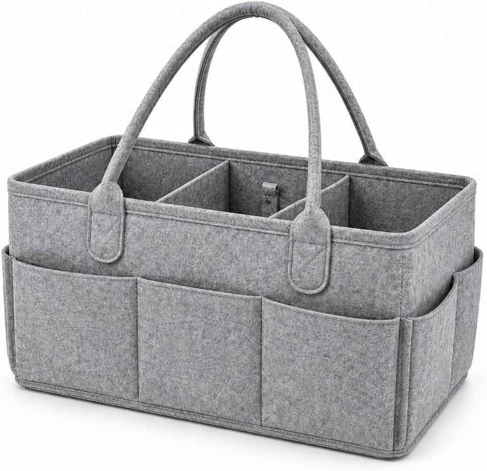 Diaper Caddy Organizer, Portable Baby Diaper Organizer for Changing Table, Nursery Storage Basket for Diapers, Wipes & Baby Essentials, Grey, 15 x 9 x 7 in