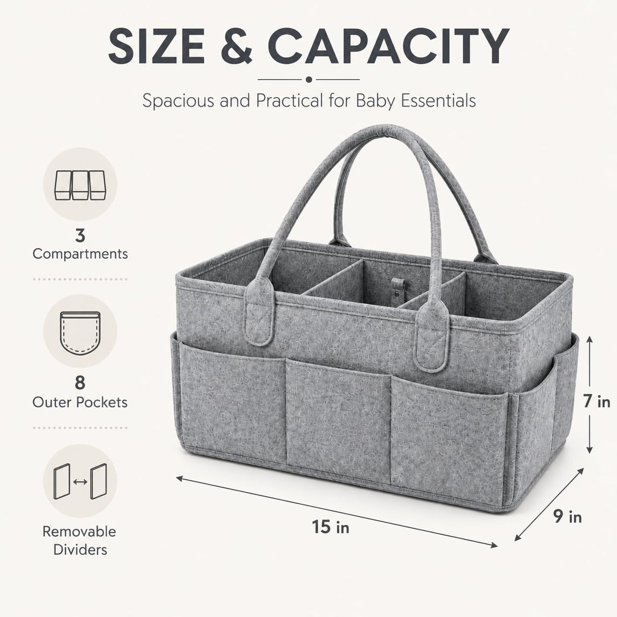 Diaper Caddy Organizer, Portable Baby Diaper Organizer for Changing Table, Nursery Storage Basket for Diapers, Wipes & Baby Essentials, Grey, 15 x 9 x 7 in