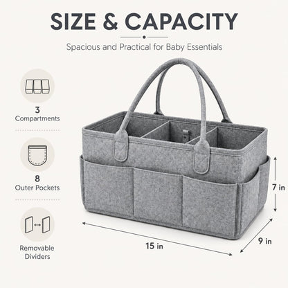 Diaper Caddy Organizer, Portable Baby Diaper Organizer for Changing Table, Nursery Storage Basket for Diapers, Wipes & Baby Essentials, Grey, 15 x 9 x 7 in