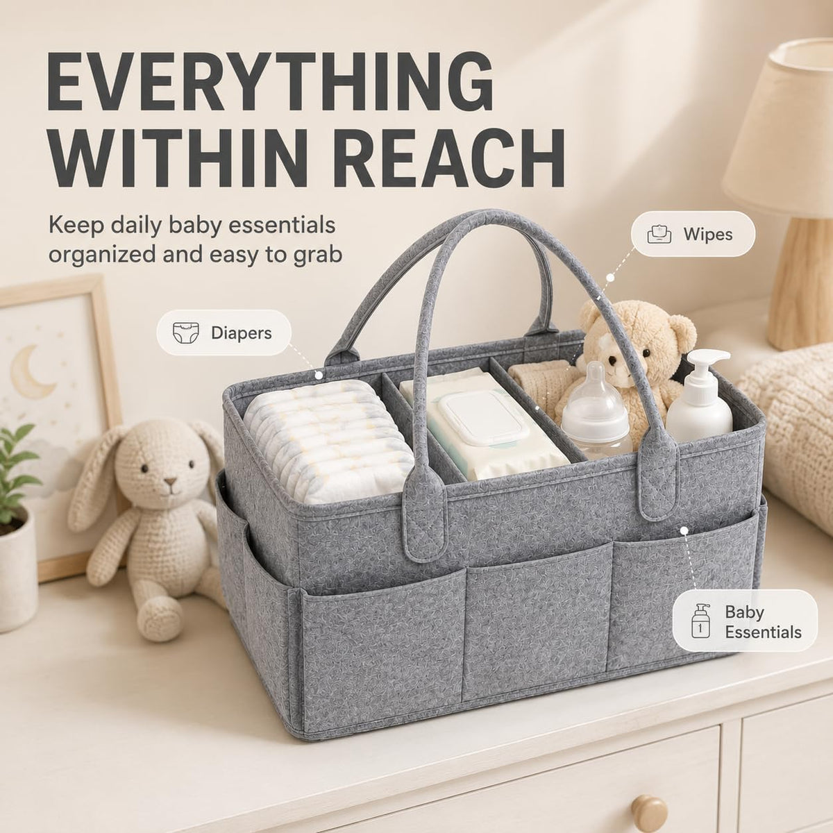 Diaper Caddy Organizer, Portable Baby Diaper Organizer for Changing Table, Nursery Storage Basket for Diapers, Wipes & Baby Essentials, Grey, 15 x 9 x 7 in