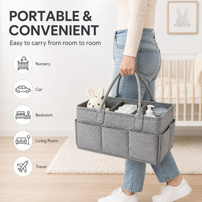 Diaper Caddy Organizer, Portable Baby Diaper Organizer for Changing Table, Nursery Storage Basket for Diapers, Wipes & Baby Essentials, Grey, 15 x 9 x 7 in