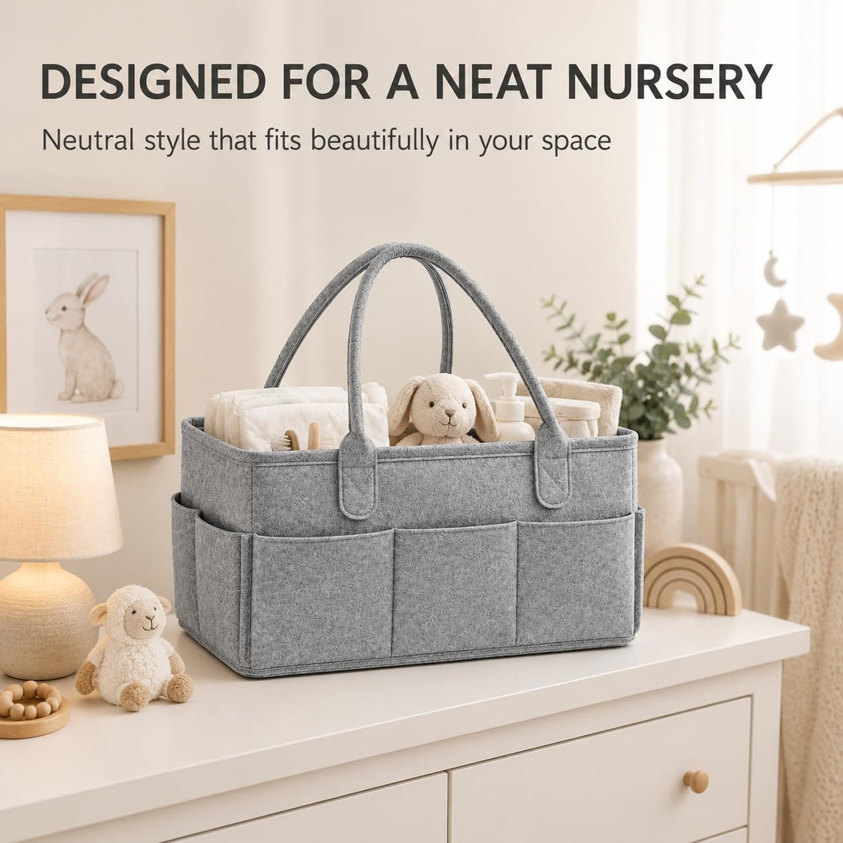 Diaper Caddy Organizer, Portable Baby Diaper Organizer for Changing Table, Nursery Storage Basket for Diapers, Wipes & Baby Essentials, Grey, 15 x 9 x 7 in