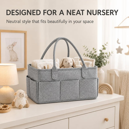 Diaper Caddy Organizer, Portable Baby Diaper Organizer for Changing Table, Nursery Storage Basket for Diapers, Wipes & Baby Essentials, Grey, 15 x 9 x 7 in