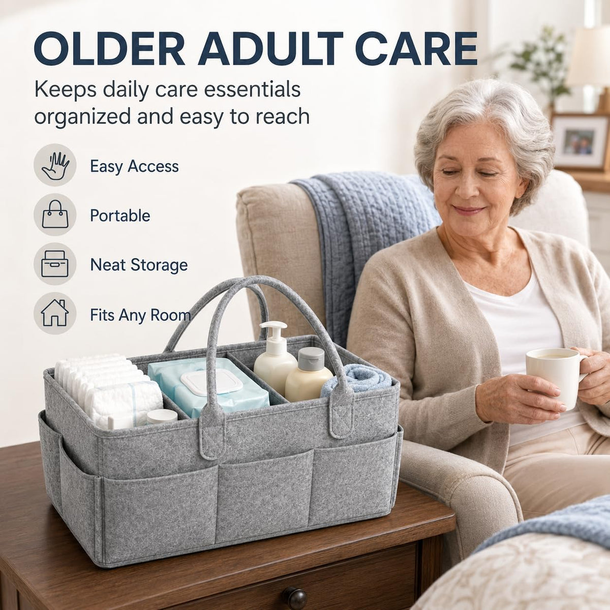 Diaper Caddy Organizer, Portable Baby Diaper Organizer for Changing Table, Nursery Storage Basket for Diapers, Wipes & Baby Essentials, Grey, 15 x 9 x 7 in