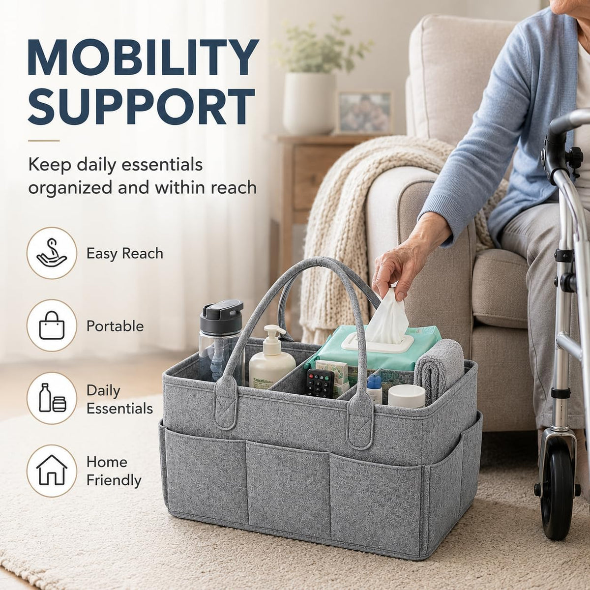 Diaper Caddy Organizer, Portable Baby Diaper Organizer for Changing Table, Nursery Storage Basket for Diapers, Wipes & Baby Essentials, Grey, 15 x 9 x 7 in