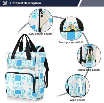 Diaper Bag Backpack, Multifunction Travel Bag for Moms Dads, Baby Changing Bag with Insulted Pockets, Stroller Straps and Side Bottle Pockets White Grid Hearts