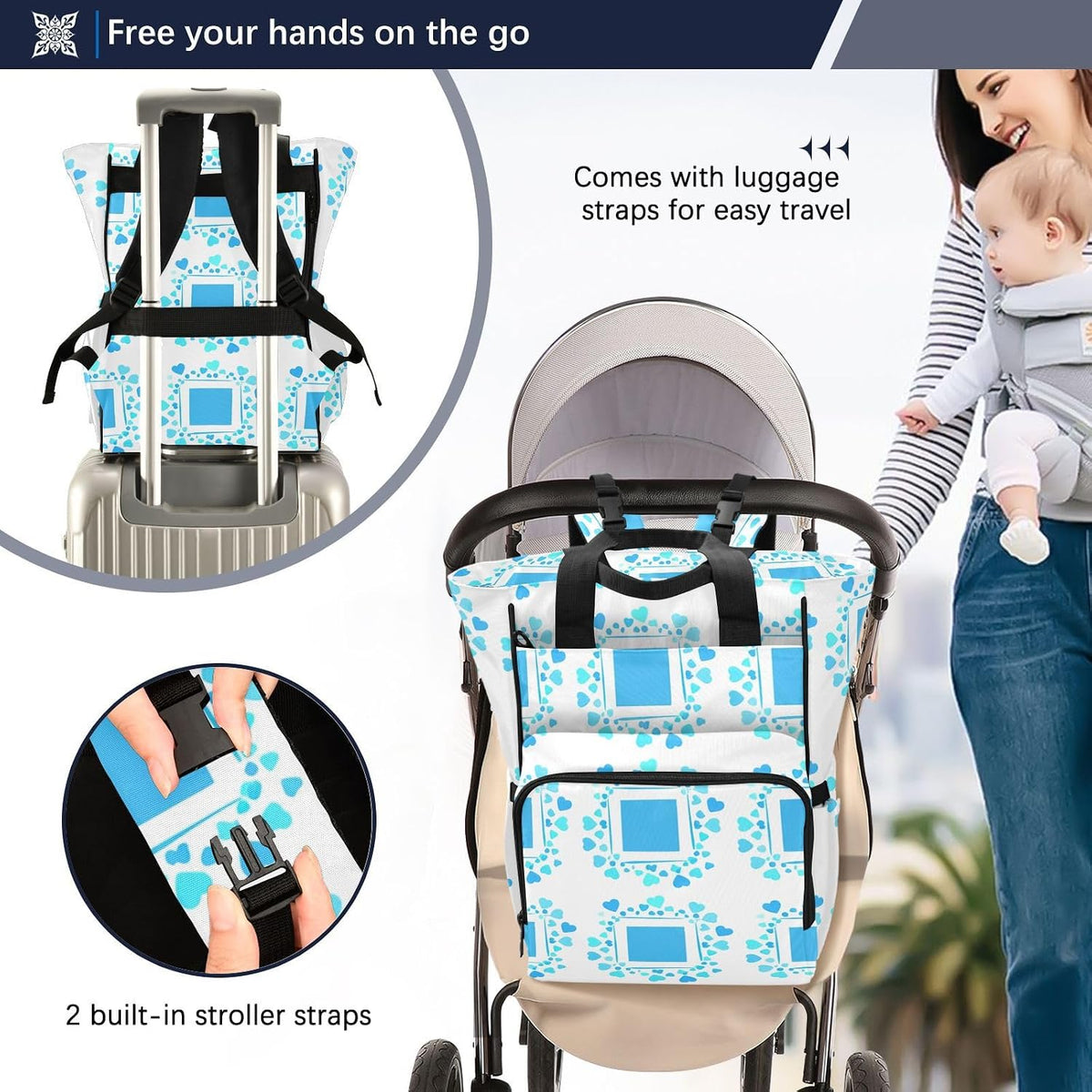 Diaper Bag Backpack, Multifunction Travel Bag for Moms Dads, Baby Changing Bag with Insulted Pockets, Stroller Straps and Side Bottle Pockets White Grid Hearts
