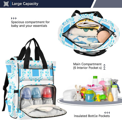 Diaper Bag Backpack, Multifunction Travel Bag for Moms Dads, Baby Changing Bag with Insulted Pockets, Stroller Straps and Side Bottle Pockets White Grid Hearts