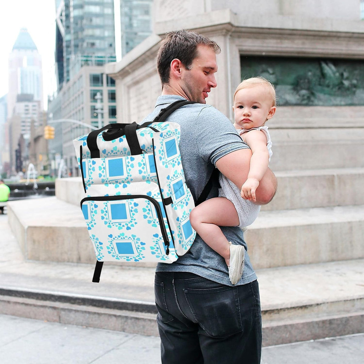 Diaper Bag Backpack, Multifunction Travel Bag for Moms Dads, Baby Changing Bag with Insulted Pockets, Stroller Straps and Side Bottle Pockets White Grid Hearts
