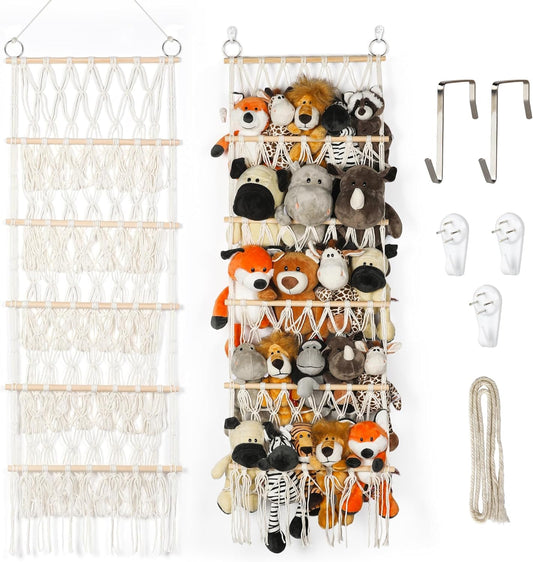 42cm Wide Over The Door Stuffed Animal Storage Hammock Corner Wall Hanging Storage Holder Boho Macrame Plush Toy Organizer Net for Stuffed Animal