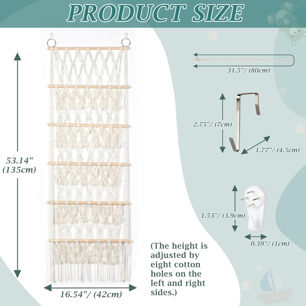42cm Wide Over The Door Stuffed Animal Storage Hammock Corner Wall Hanging Storage Holder Boho Macrame Plush Toy Organizer Net for Stuffed Animal