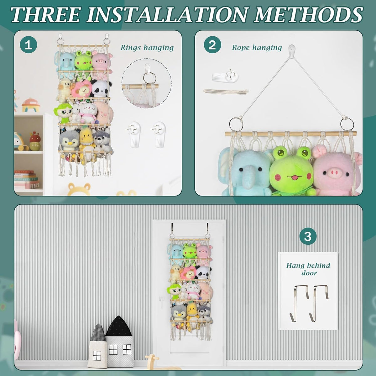 42cm Wide Over The Door Stuffed Animal Storage Hammock Corner Wall Hanging Storage Holder Boho Macrame Plush Toy Organizer Net for Stuffed Animal