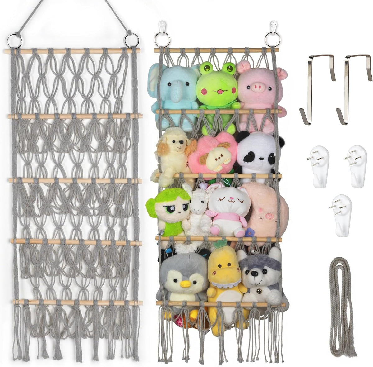 42cm Wide Over The Door Stuffed Animal Storage Hammock Corner Wall Hanging Storage Holder Boho Macrame Plush Toy Organizer Net for Stuffed Animal