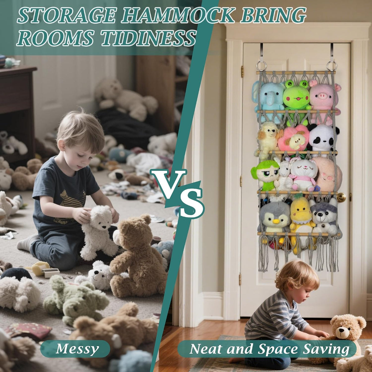 42cm Wide Over The Door Stuffed Animal Storage Hammock Corner Wall Hanging Storage Holder Boho Macrame Plush Toy Organizer Net for Stuffed Animal