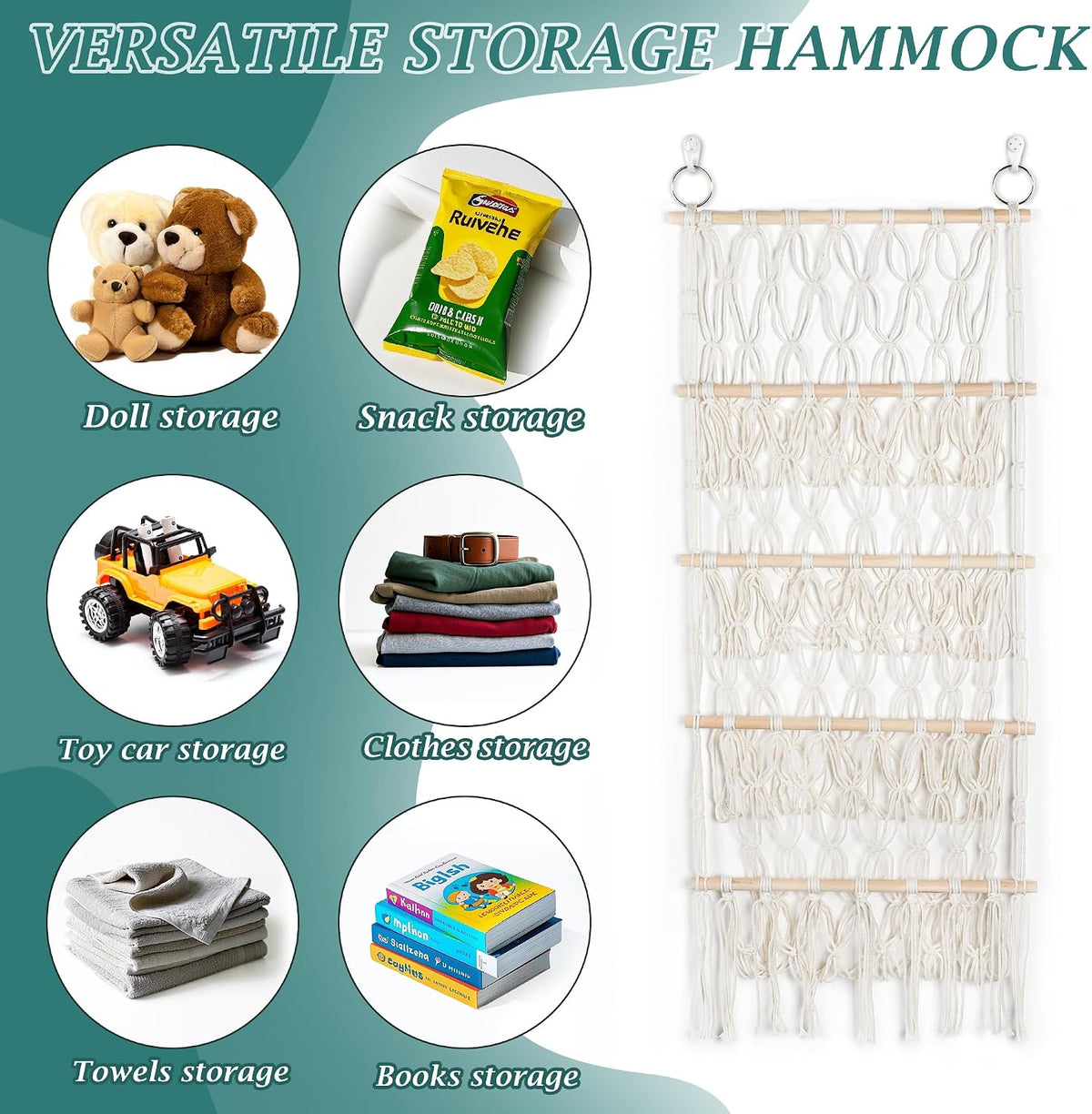 42cm Wide Over The Door Stuffed Animal Storage Hammock Corner Wall Hanging Storage Holder Boho Macrame Plush Toy Organizer Net for Stuffed Animal