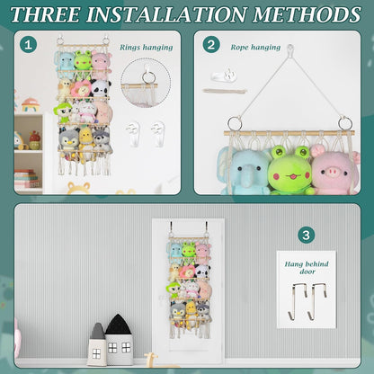 42cm Wide Over The Door Stuffed Animal Storage Hammock Corner Wall Hanging Storage Holder Boho Macrame Plush Toy Organizer Net for Stuffed Animal