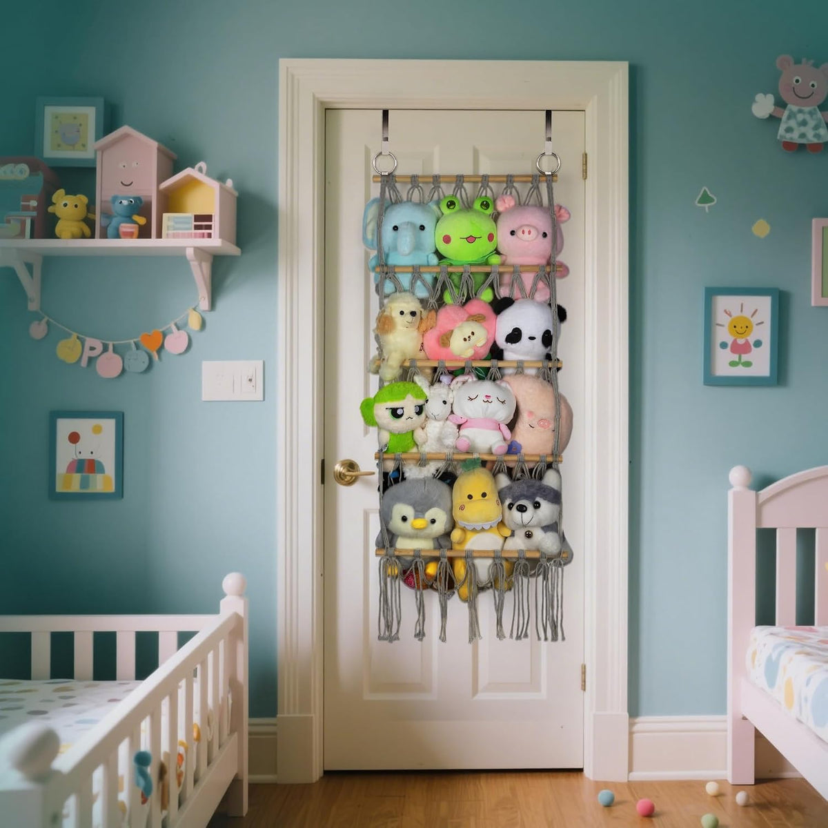 42cm Wide Over The Door Stuffed Animal Storage Hammock Corner Wall Hanging Storage Holder Boho Macrame Plush Toy Organizer Net for Stuffed Animal
