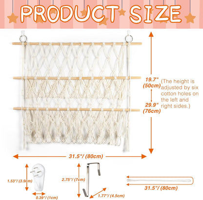 42cm Wide Over The Door Stuffed Animal Storage Hammock Corner Wall Hanging Storage Holder Boho Macrame Plush Toy Organizer Net for Stuffed Animal