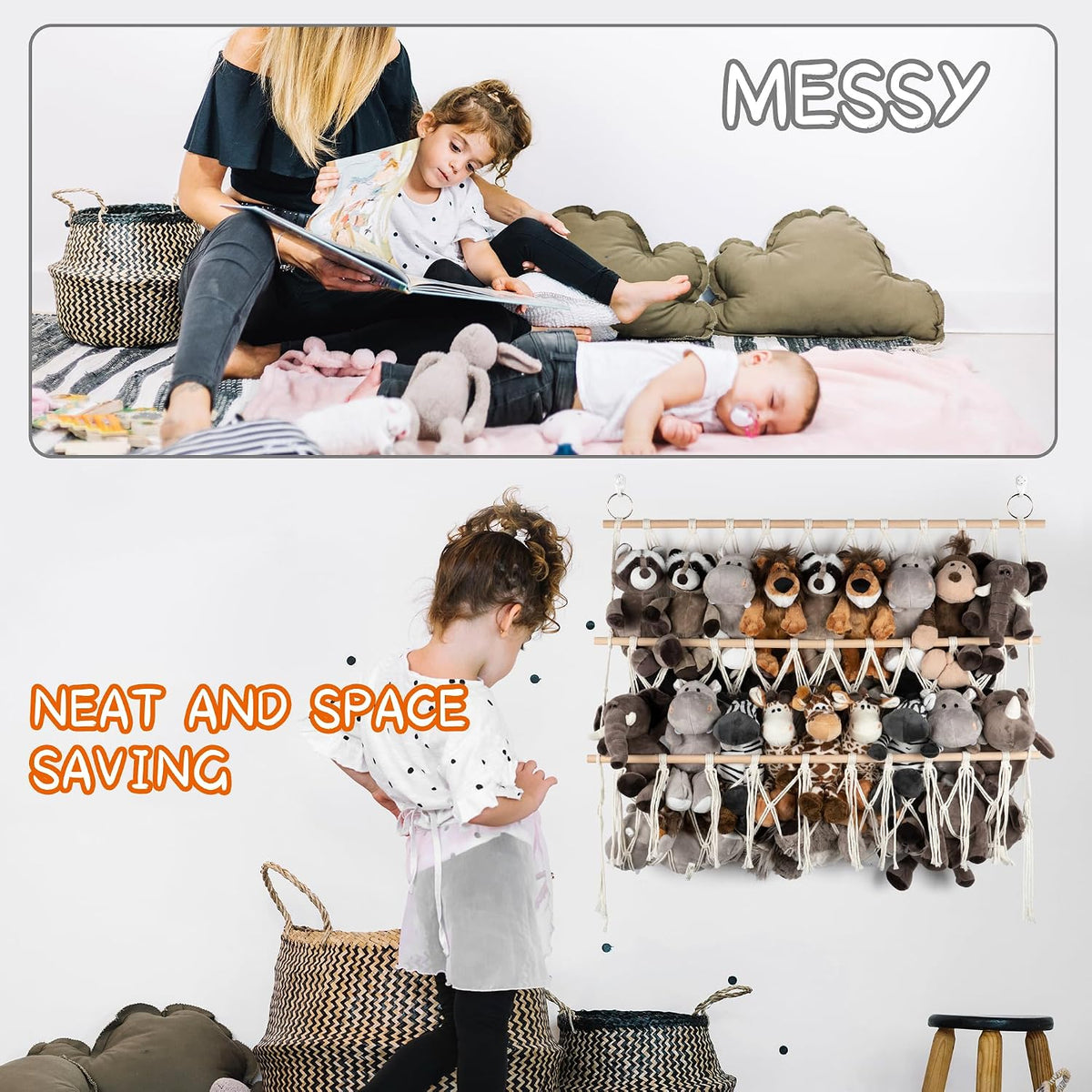 42cm Wide Over The Door Stuffed Animal Storage Hammock Corner Wall Hanging Storage Holder Boho Macrame Plush Toy Organizer Net for Stuffed Animal