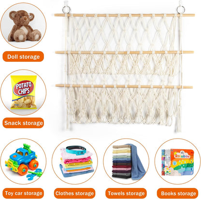 42cm Wide Over The Door Stuffed Animal Storage Hammock Corner Wall Hanging Storage Holder Boho Macrame Plush Toy Organizer Net for Stuffed Animal