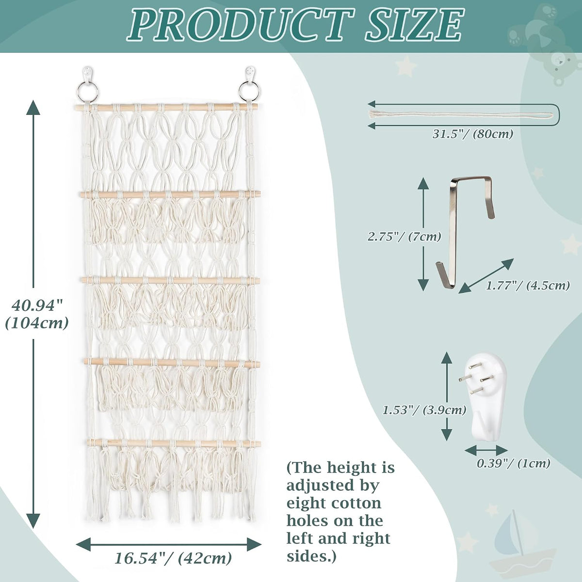 42cm Wide Over The Door Stuffed Animal Storage Hammock Corner Wall Hanging Storage Holder Boho Macrame Plush Toy Organizer Net for Stuffed Animal