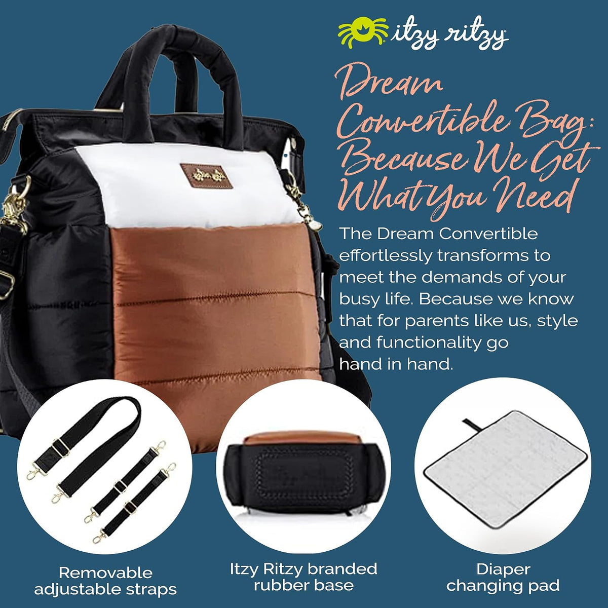 Dream Convertible Diaper Bag Tote Backpack - Baby Diaper Bag with 14 Pockets, Changing Pad & More (Midnight Black)