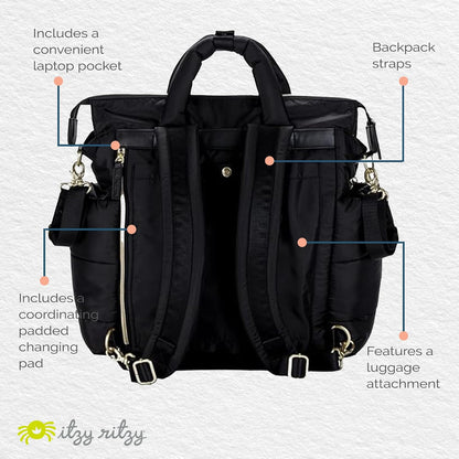 Dream Convertible Diaper Bag Tote Backpack - Baby Diaper Bag with 14 Pockets, Changing Pad & More (Midnight Black)
