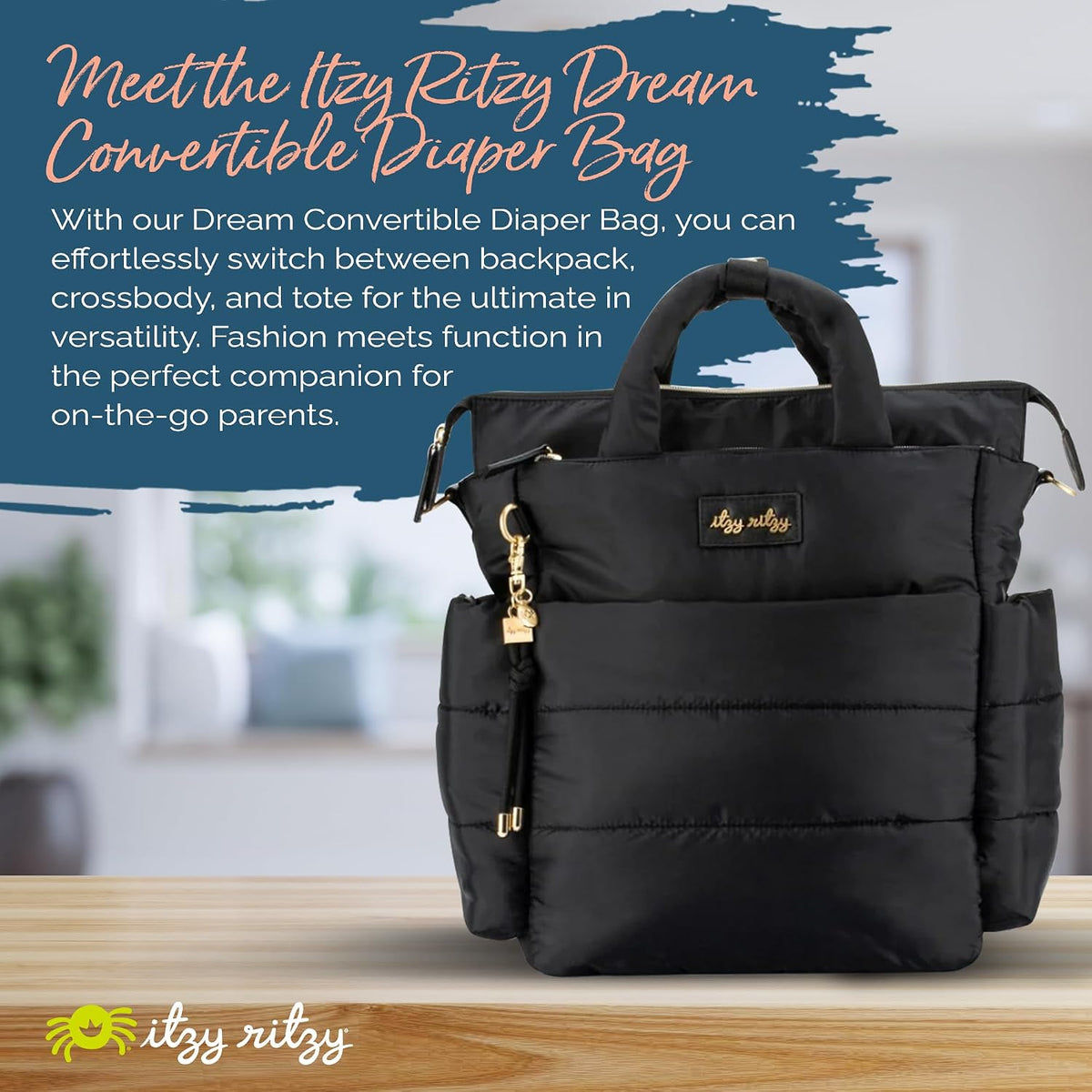 Dream Convertible Diaper Bag Tote Backpack - Baby Diaper Bag with 14 Pockets, Changing Pad & More (Midnight Black)