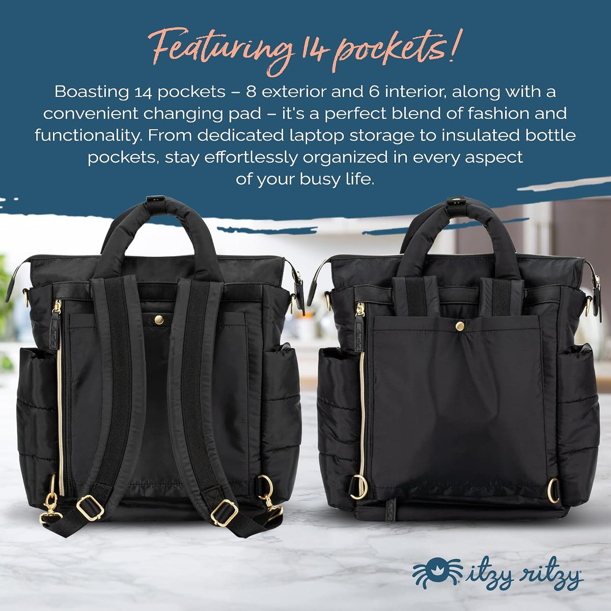 Dream Convertible Diaper Bag Tote Backpack - Baby Diaper Bag with 14 Pockets, Changing Pad & More (Midnight Black)