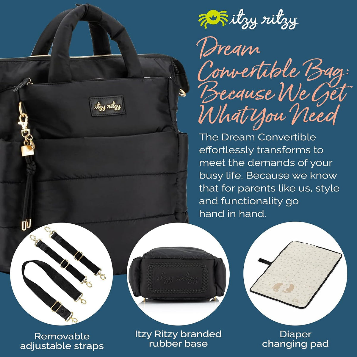 Dream Convertible Diaper Bag Tote Backpack - Baby Diaper Bag with 14 Pockets, Changing Pad & More (Midnight Black)