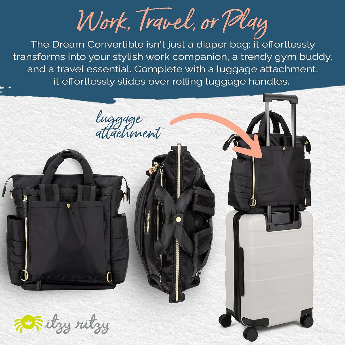 Dream Convertible Diaper Bag Tote Backpack - Baby Diaper Bag with 14 Pockets, Changing Pad & More (Midnight Black)