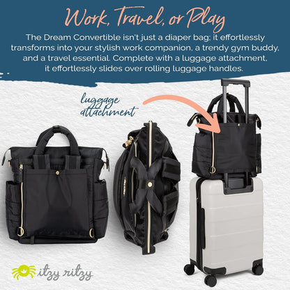 Dream Convertible Diaper Bag Tote Backpack - Baby Diaper Bag with 14 Pockets, Changing Pad & More (Midnight Black)