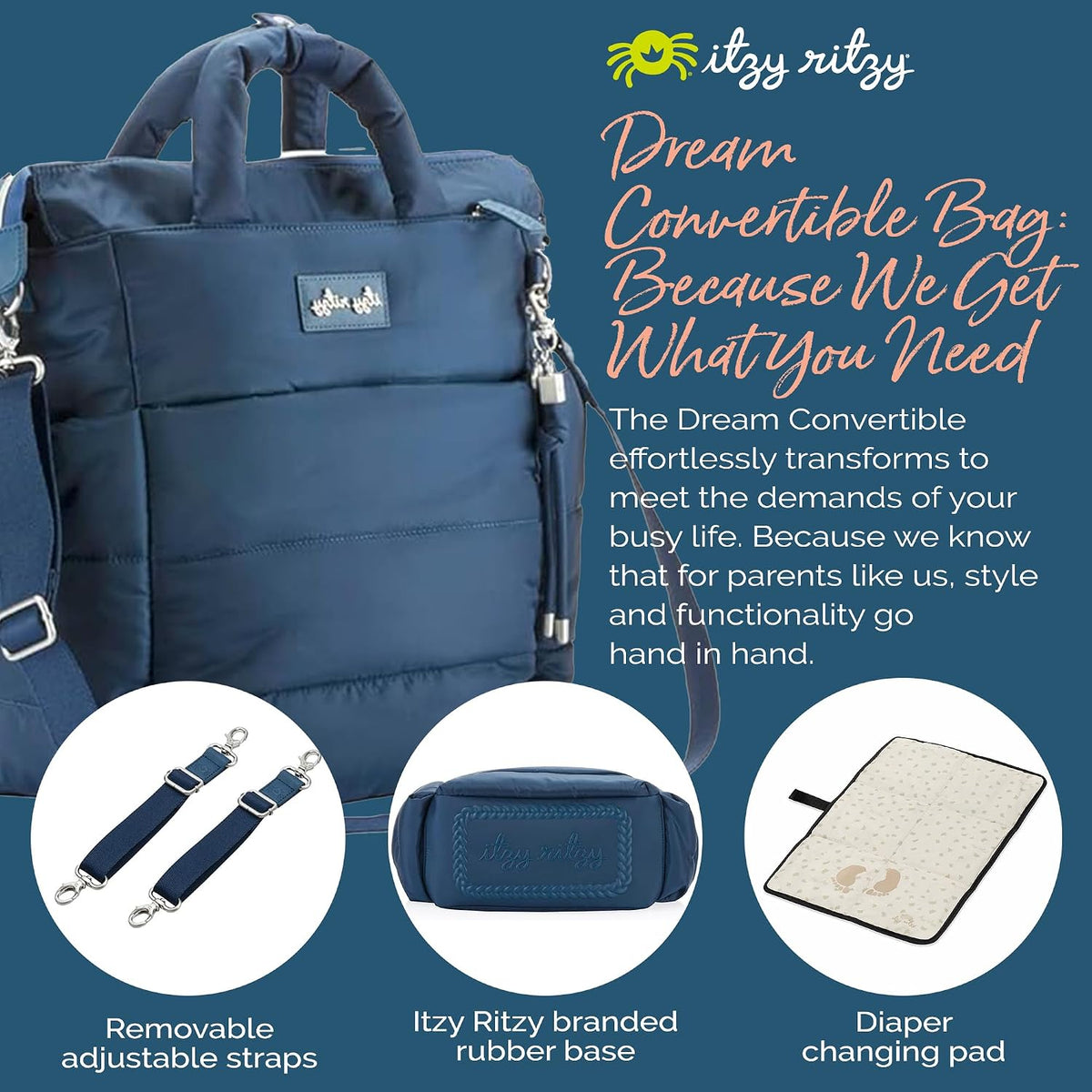 Dream Convertible Diaper Bag Tote Backpack - Baby Diaper Bag with 14 Pockets, Changing Pad & More (Midnight Black)