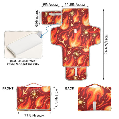 Flames Portable Diaper Changing Pad, Waterproof Baby Changing Mat with Storage Pocket & Built-in Pillow, Foldable Travel Pad, Newborn Gift Set for Boy Girl