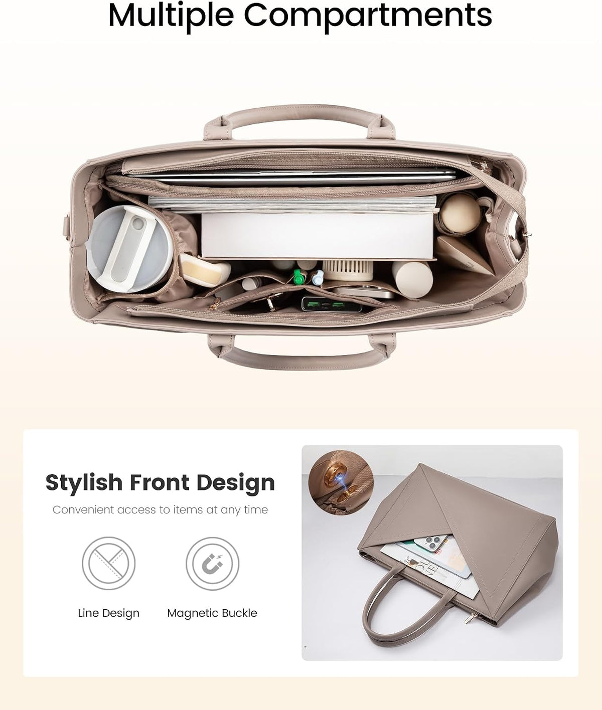 Laptop Work Tote Bag for Women with Large Cup Holder, 16 Inch