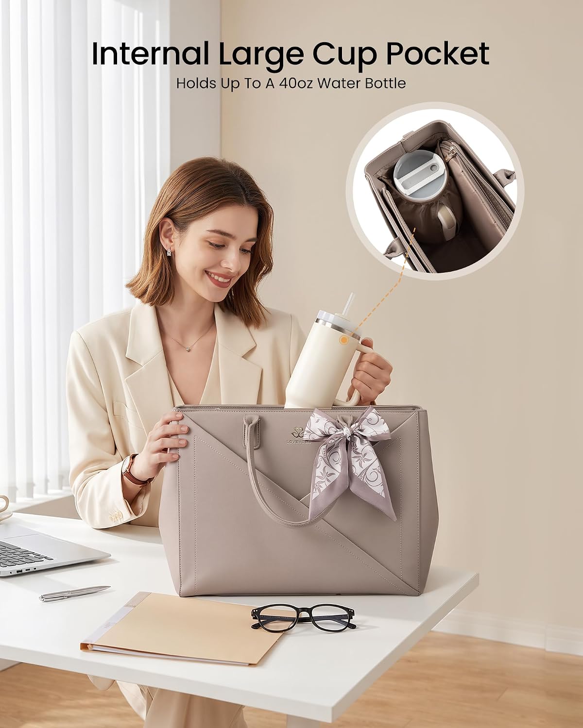 Laptop Work Tote Bag for Women with Large Cup Holder, 16 Inch
