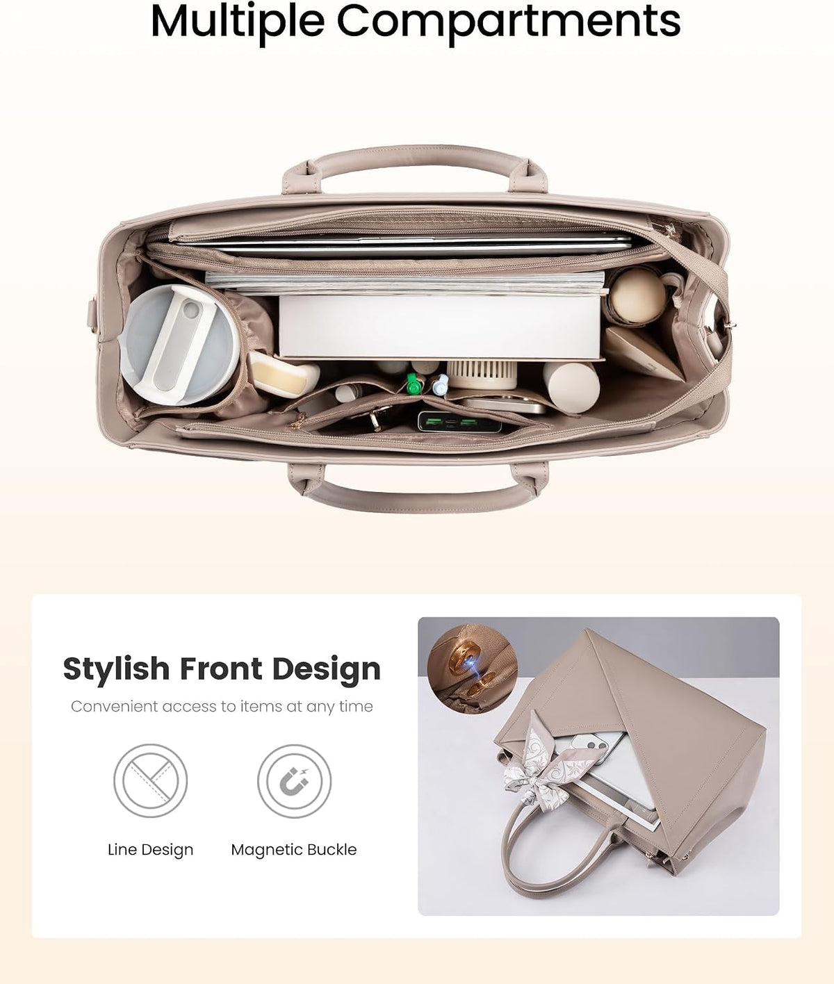Laptop Work Tote Bag for Women with Large Cup Holder, 16 Inch
