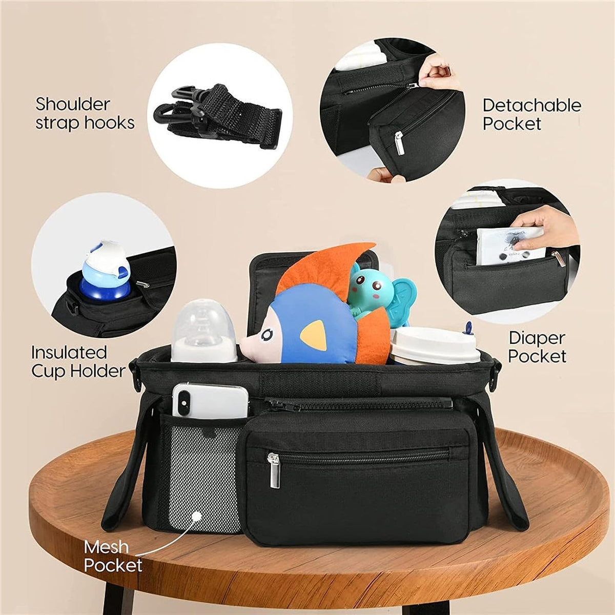 Stroller Caddy Organizer Portable Multiple Pockets