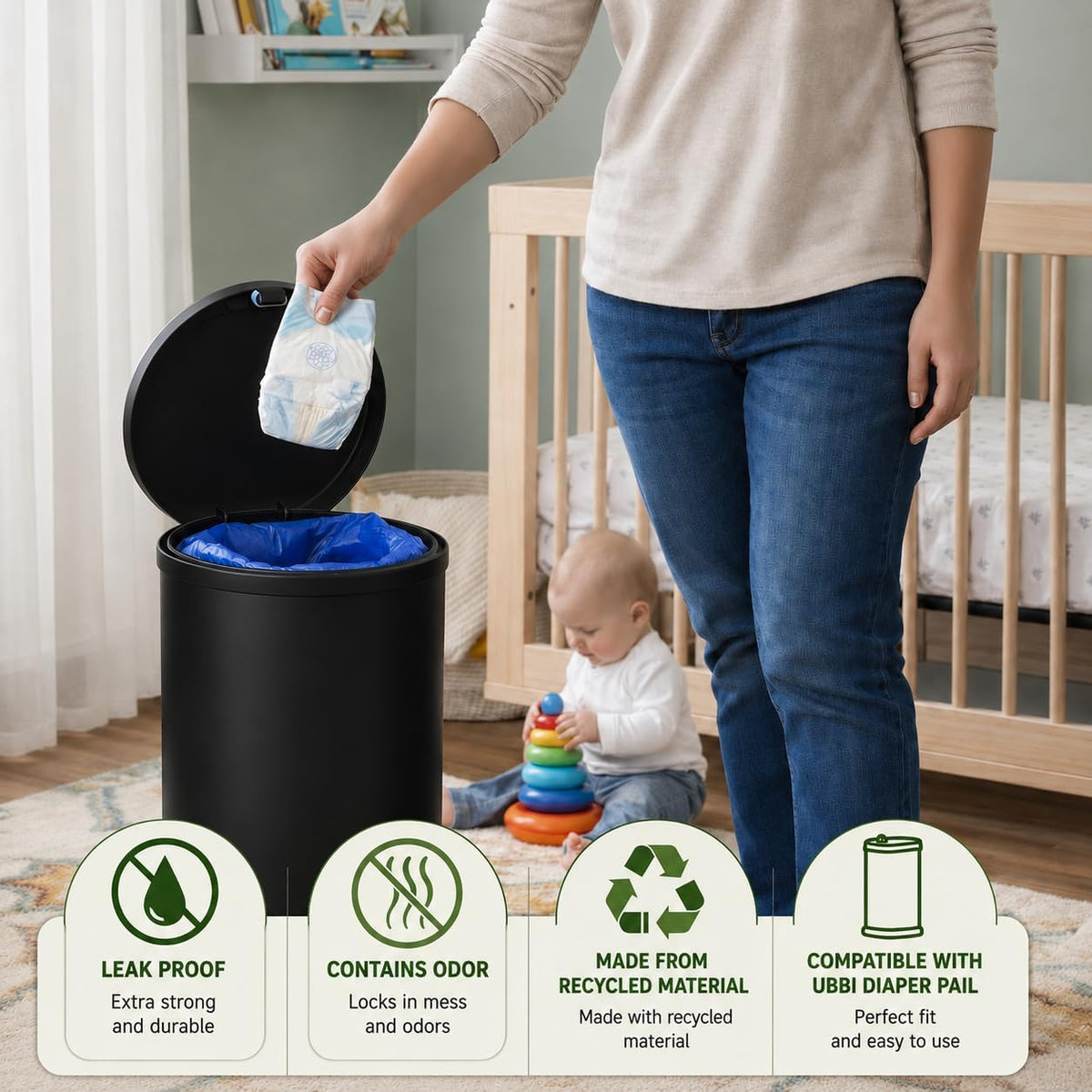 Disposable Diaper Pail Refill Bags (100 Bags) Compatible with Ubbi Diaper Bag Pail 13 Gal Capacity Diaper Pail Bag Medium Kitchen Trash Bag Heavy Duty Large Garbage Bag (100 ct.)